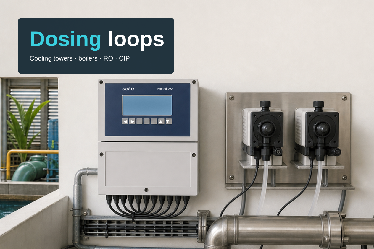 The SEKO Kontrol 800 controller wall-mounted on a plastered wall in an industrial water-treatment plant, LCD blank, beside two metering pumps on a stainless backplate cabled to probe fittings on a stainless process pipe below; beyond the low wall at left are a green horizontal centrifugal process pump, yellow chemical pipework and an open process basin. A compact text block anchored to the top-left carries the headline "Dosing loops", with "Dosing" picked out in cyan, and the subtitle "Cooling towers · boilers · RO · CIP".