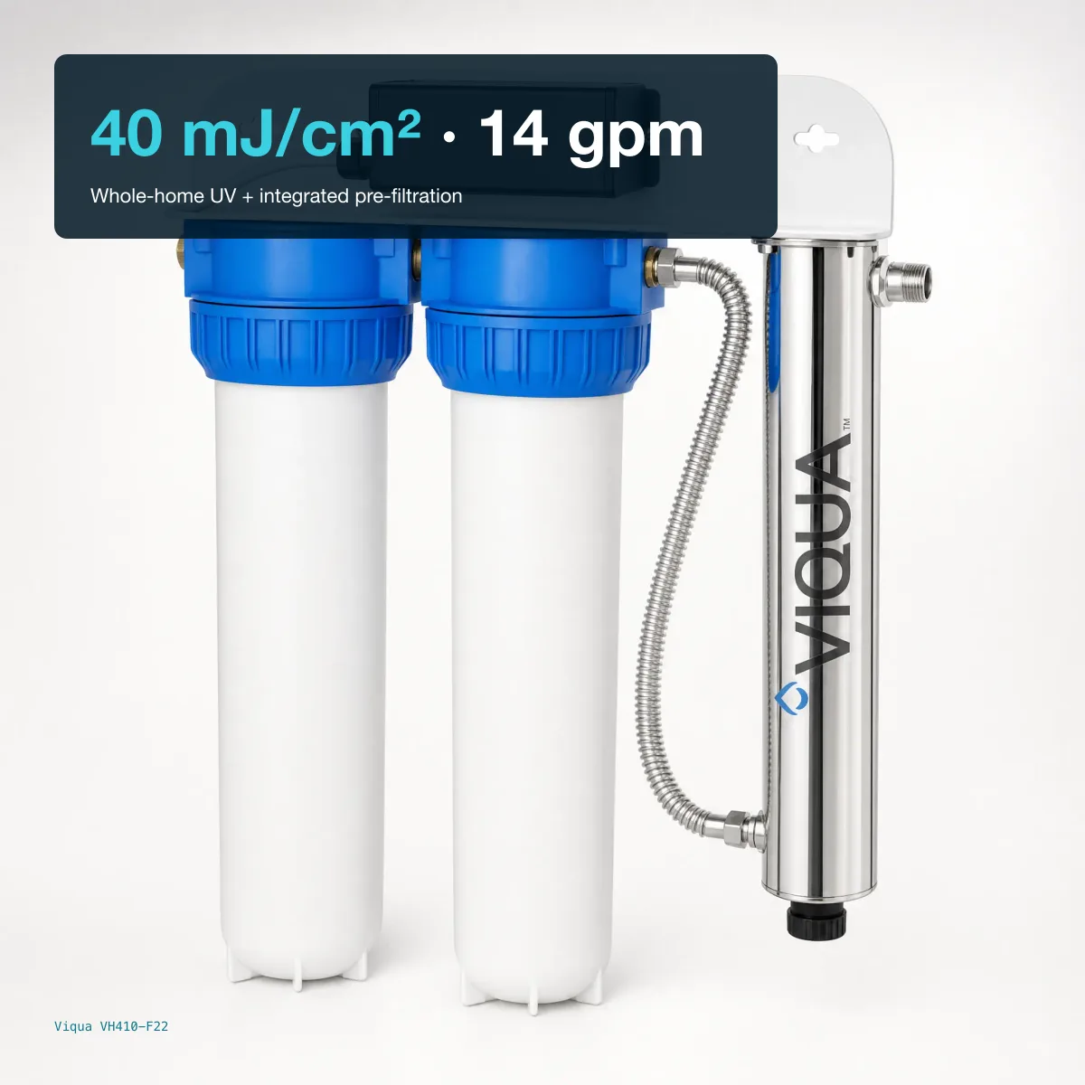 Viqua VH410-F22 UV disinfection system — two white filter sumps with royal-blue heads and polished stainless UV reactor on a wall-mounting plate, studio white background.