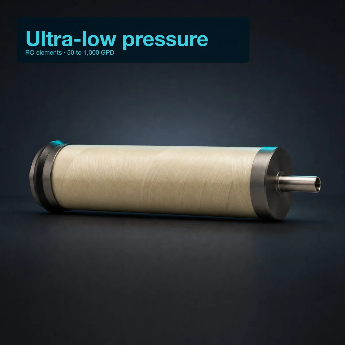 Studio hero of a Vontron ULP series reverse osmosis membrane element — cream/beige fibreglass outer shell, dark charcoal end caps with cyan-teal accent rings, central satin-nickel permeate tube, horizontal orientation.