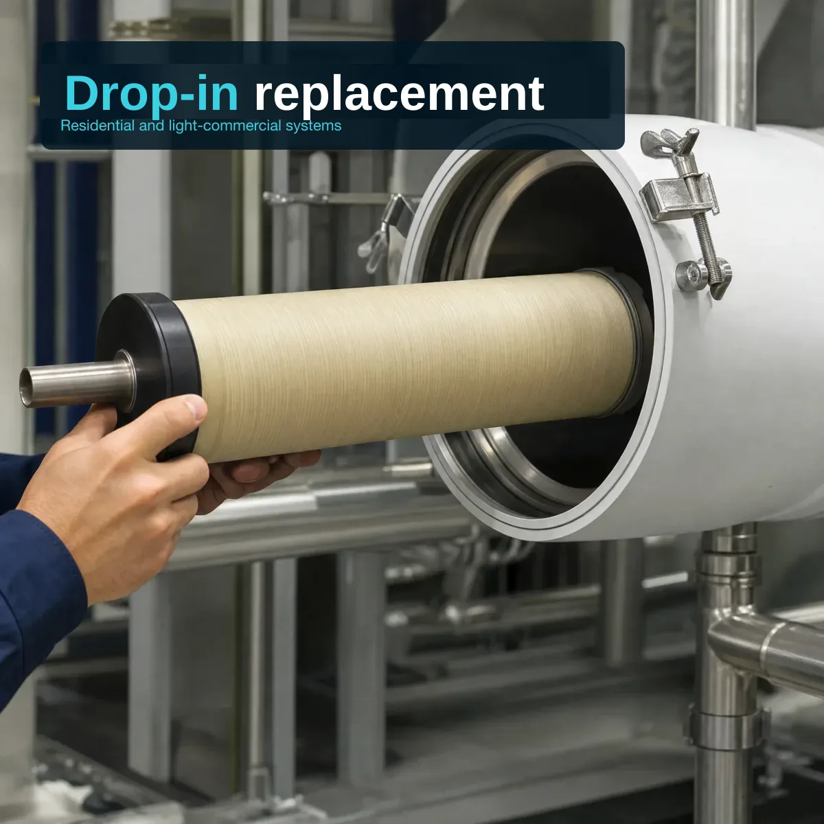 A cream/beige Vontron ULP RO membrane element being loaded horizontally into an open white HDPE pressure vessel housing, with the dark EPDM brine seal ring visible at the insertion end.